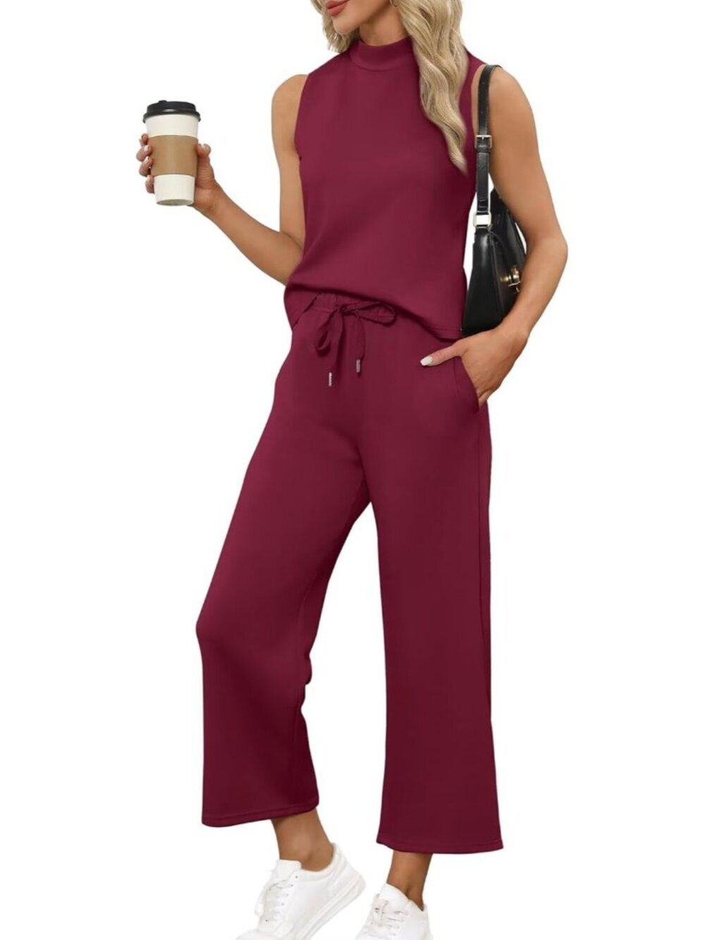 Women's Burgundy Two Piece  Summer Outfits Lounge Sets Mock Neck Tops Wide Leg